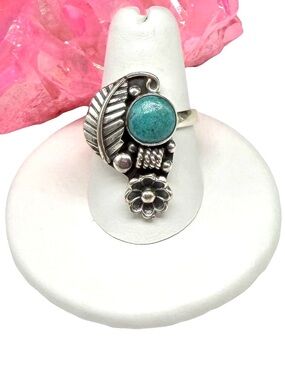 Arizona Mohave Turquoise Ring Size 9 Solid 925 Sterling Silver Flower Leaf
